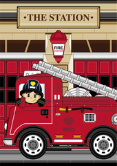 Cute Cartoon Fireman and Fire Truck