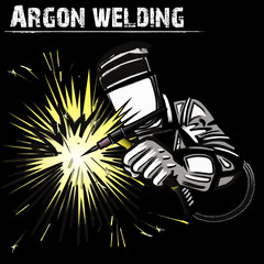 Welder in a mask performing argon welding of the metal