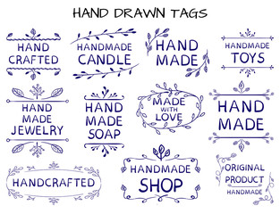 VECTOR set of handdrawn 'HAND MADE' tag templates
