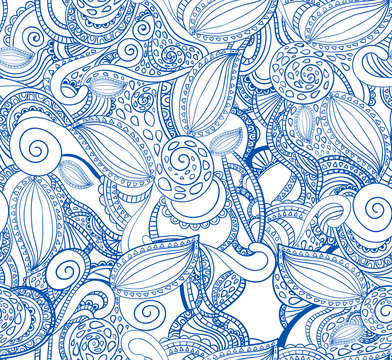Seamless VECTOR doodle pattern, blue on white.
