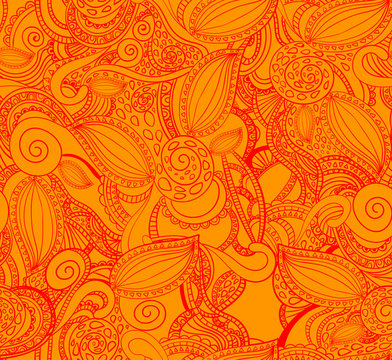 Seamless VECTOR doodle pattern, red on orange.