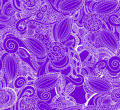 Seamless VECTOR doodle pattern, white on purple.