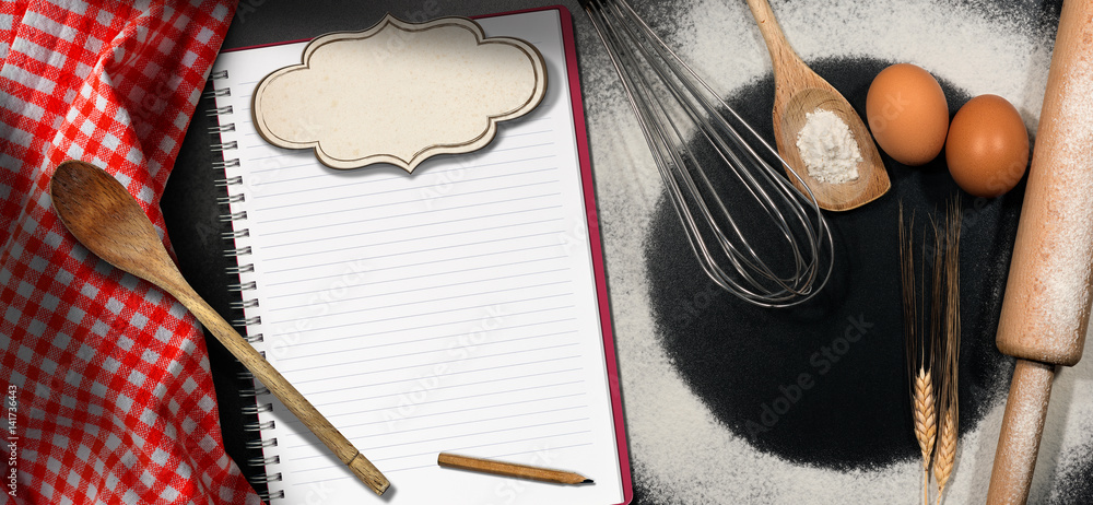 Aufkleber baking background with empty notebook and label on a table with flour, eggs and kitchen utensils