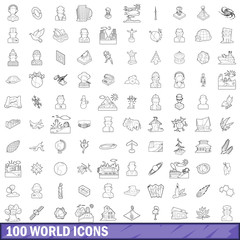 100 world icons set, outline style