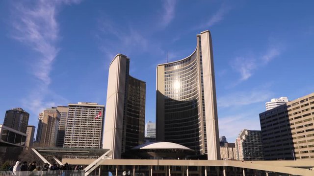 Sun Shining on Toronto City Hall Building at Nathan Phillips Square