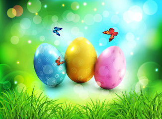 Vector background. Easter eggs in green grass with white flowers, butterflies on blue, blurred , natural background