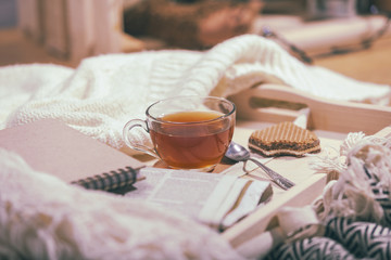 Still life details, cozy concept, cup of tea