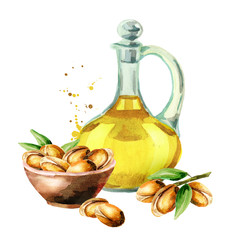 Hand drawn watercolor composition with  bottles of argan oil and a branch of nuts. Can be used as the background for postcards, booklet, leaflet, banner or flyer cosmetic or food products