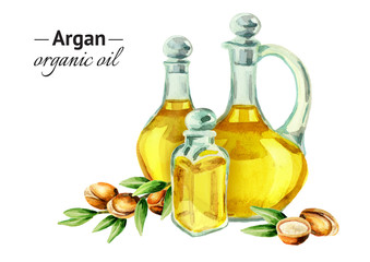 Hand drawn watercolor composition with  bottles of argan oil and a branch of nuts. Can be used as the background for postcards, booklet, leaflet, banner or flyer cosmetic or food products