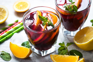 Sangria with fruit mint and ice.