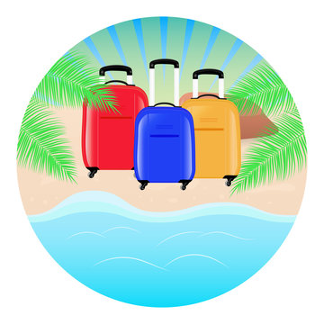 Summer concept round background. Sea landscape, beach, palm tree and three travel bag. Vector