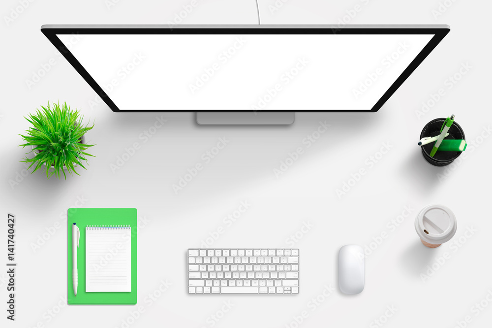 Aufkleber Top view of office desk with computer and stationery. Isolated white display screen for text or web site, design, work presentation. Clean desk with free space for text. Top view.