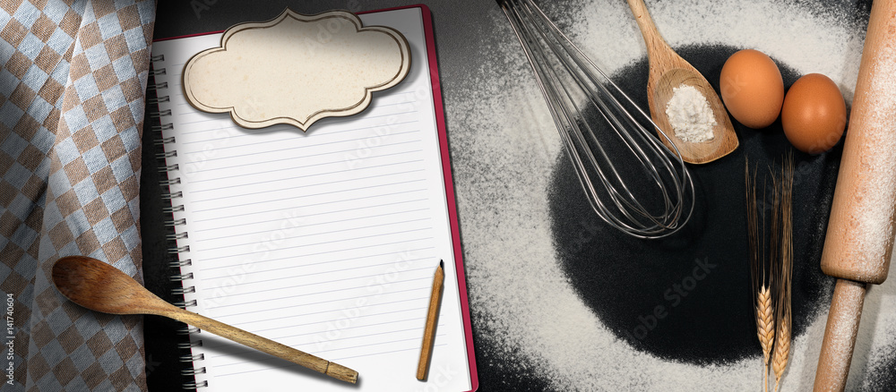Aufkleber baking background with empty notebook and label on a table with flour, eggs and kitchen utensils