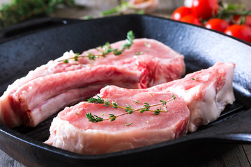 Raw steaks in grill pan ready to cook