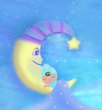 Cute little babe sleeping on moon