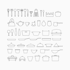 Kitchen dishes and utensils outline icons.