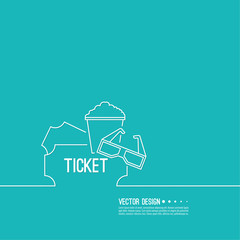 Abstract background with popcorn, 3D glasses and  tickets. The concept of a cinema and watching a movie. Layout, flyer, poster for announcement. thin line.