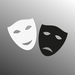 Mask icon. Theater symbol. Happy and sad masks. Black and white theatrical masks. Carnival masks. Vector illustration.