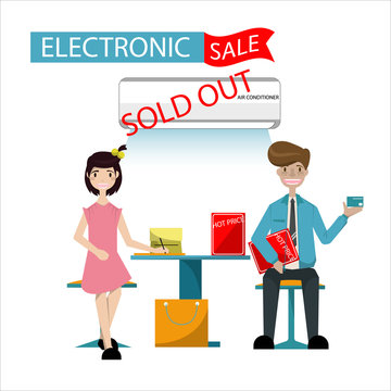 Smile salesman presentation produces at the showroom.  Women in consumer electronics retail store buying electronics .Vector/Illustration