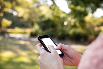 Womans hand using a mobile phone in the park