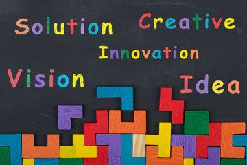Business creative idea concept - inscription and jigsaw blocks on the blackboard