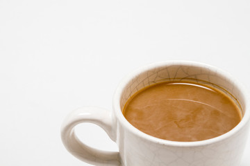 Cup of coffee on white background. Free space for text