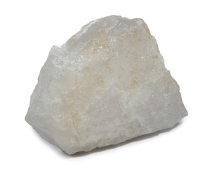 Mineral milky quartz isolated on white. Quartz crystals have piezoelectric properties. 