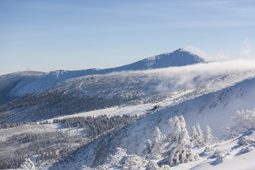 Fototapeta premium Winter in Karkonosze - Fog, frost nad snow Sniezka