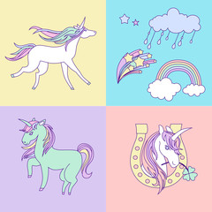 Bright happy birthday card with unicorns, clouds and rainbow