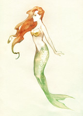 watercolor illustration of a beautiful red haired mermaid with floating hair and green tail