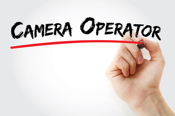 Hand writing camera operator with marker, concept background