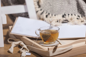 Still life details, cozy concept, cup of tea