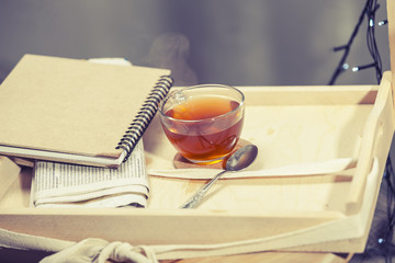 Still life details, cozy concept, cup of tea