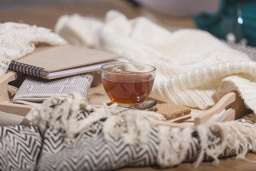 Still life details, cozy concept, cup of tea