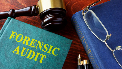 Book with title Forensic audit and gavel.