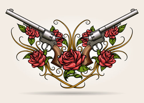 Naklejki Two Guns and Rose flowers Drawn in  Tattoo Style
