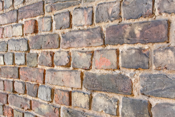 Angle view of old empty uneven raw brick wall