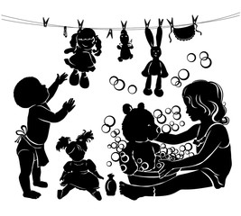 Silhouette children bathe toys