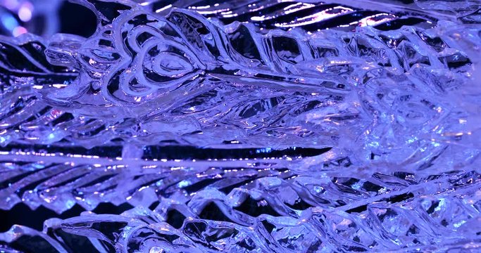 Extreme close up tracking shot of peacock feathers carved into an ice sculpture