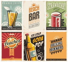 Collection of retro posters with organic juices and popular drinks
