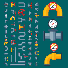 Details pipes different types collection of water tube industry gas valve construction and oil industrial pressure technology plumbing vector illustration.