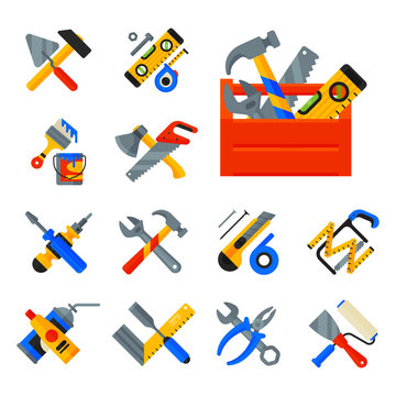 Home repair tools icons working construction equipment set and service worker macter box flat style isolated on white background vector illustration.