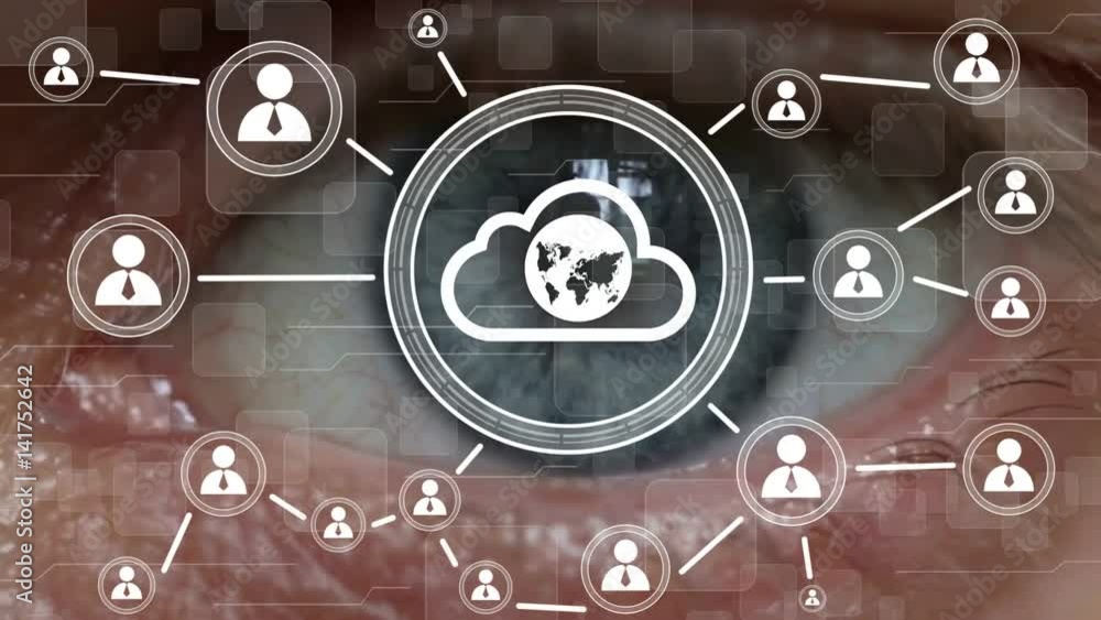 Poster businessman touch button cloud map communication network security interface eye imprint virtual real