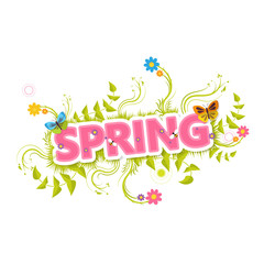 Spring Vector Design. Spring Lettering with flowers and green bush.