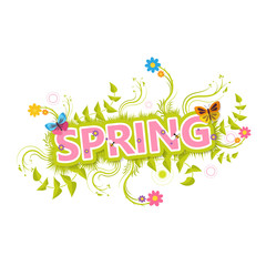 Spring Vector Design. Spring Lettering with flowers and green bush.