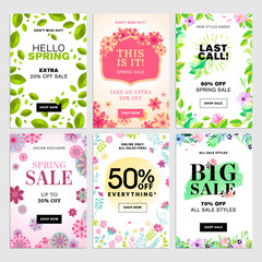 Set of mobile spring sale banners. Vector illustrations of online shopping website and mobile website banners, posters, newsletter designs, ads, coupons, social media banners.