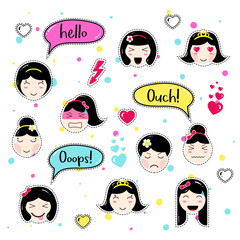 Set of cute patch badges. Girl emoji with different emotions and hairstyles. Kawaii emoticons, speech bubbles hello, ouch, ooops. Set of stickers, pins in anime style. Isolated vector illustration.