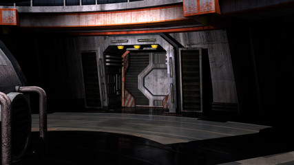 look inside the spaceship. Closed the iron door. Dark mystic corridor. View from the corner