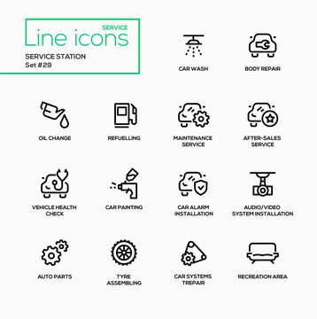Service station - modern vector single line icons set