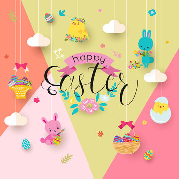 Easter background with hanging bunny egg basket, vector illustration
